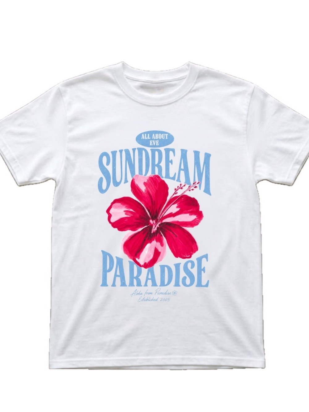 Gildan White Tee with Pink Hibiscus & Light Blue 'Sundream Paradise' Print